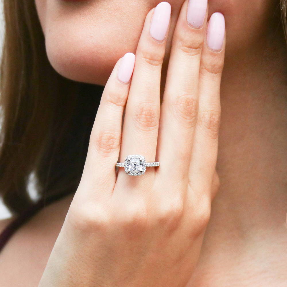Model wearing Halo Cushion CZ Ring in Sterling Silver, 2 of 11