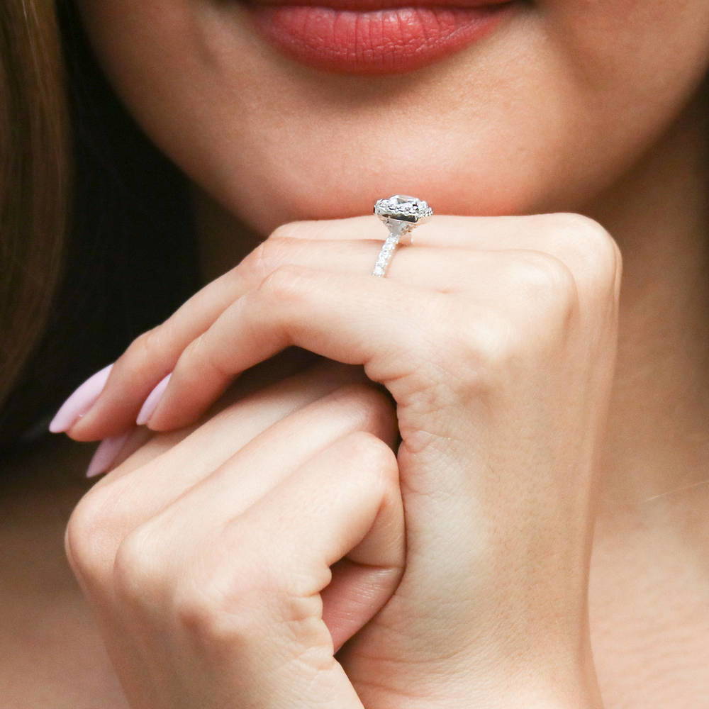 Model wearing Halo Cushion CZ Ring in Sterling Silver, 7 of 11