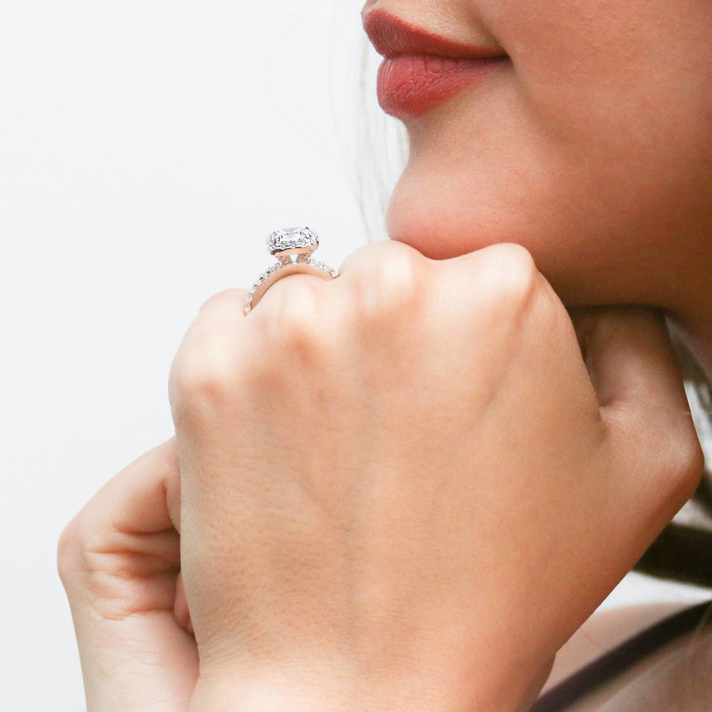 Model wearing Halo Cushion CZ Ring in Sterling Silver, 6 of 11