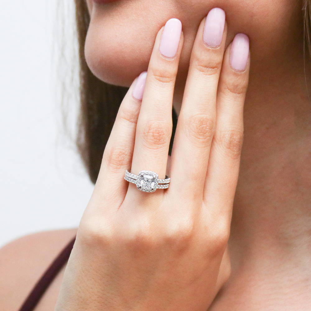 Model wearing Halo Cushion CZ Ring Set in Sterling Silver