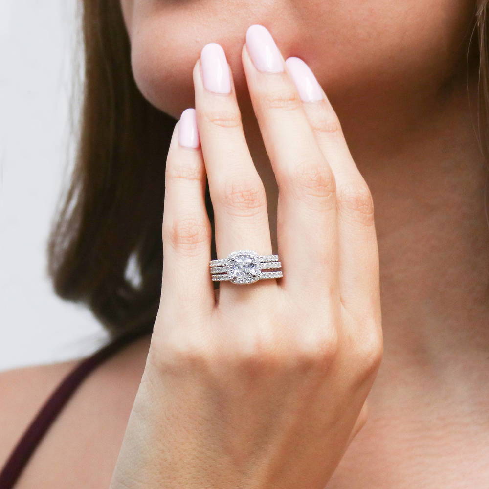 Model wearing Halo Cushion CZ Ring Set in Sterling Silver, 2 of 13