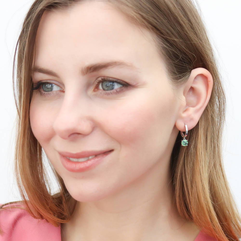 Solitaire Green Round CZ Dangle Earrings in Sterling Silver 1.6ct