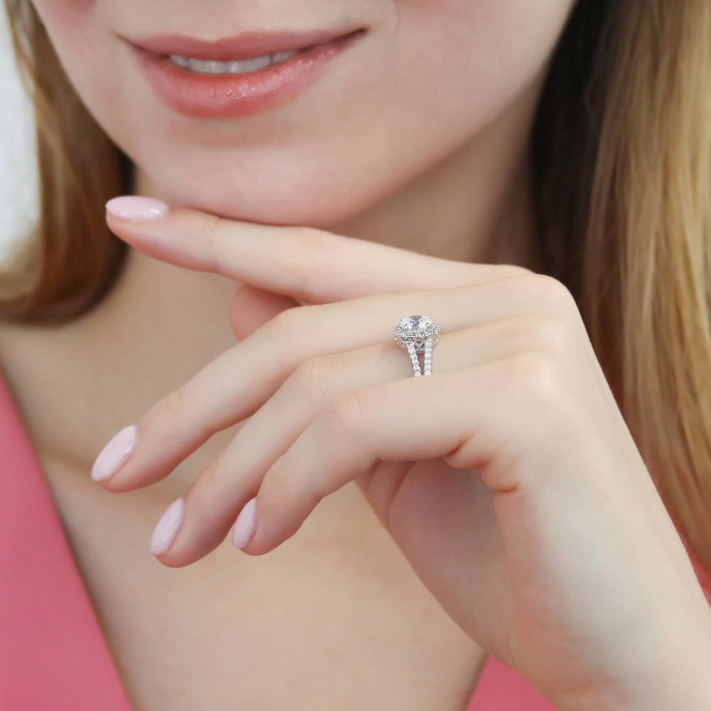 Model wearing Halo Round CZ Split Shank Ring in Sterling Silver