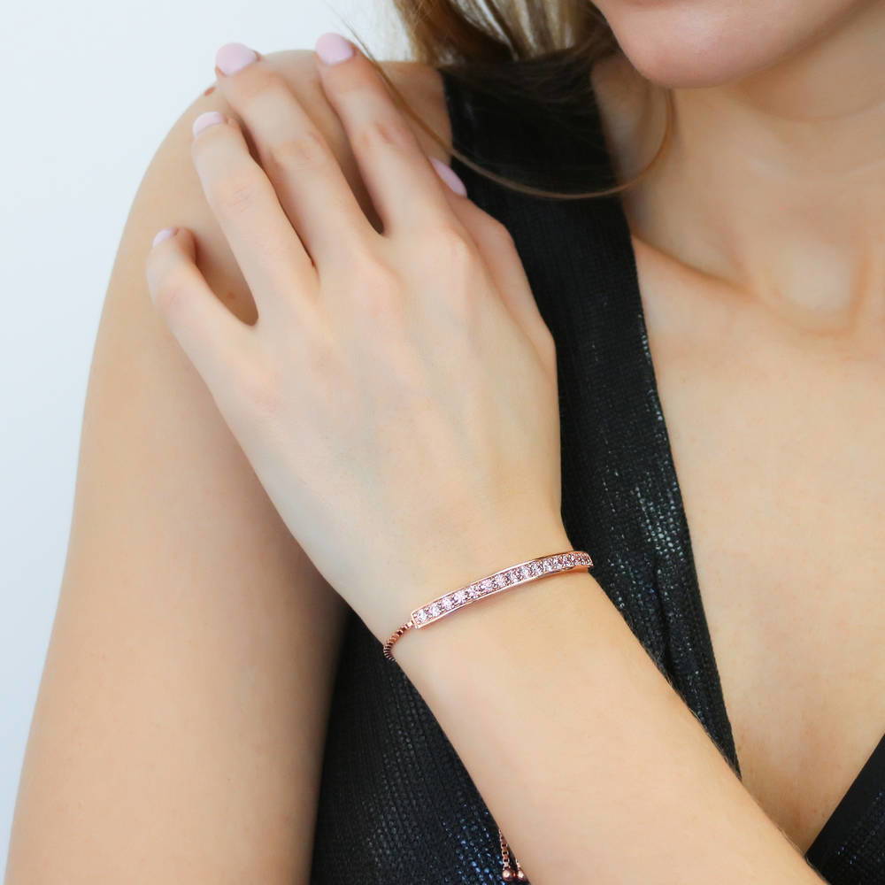 Bar Morganite Color Pave Set CZ Tennis Bracelet in Sterling Silver