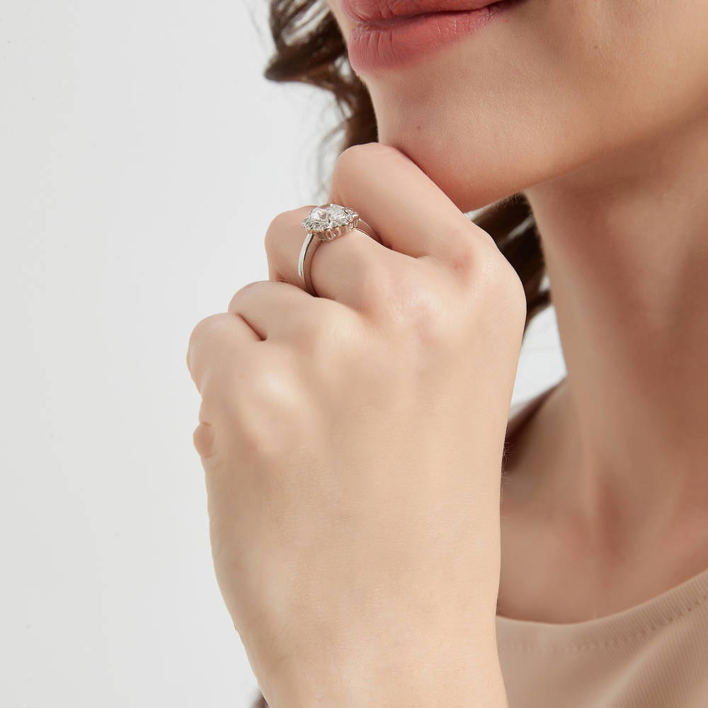 Model wearing Bubble Halo CZ Ring in Sterling Silver