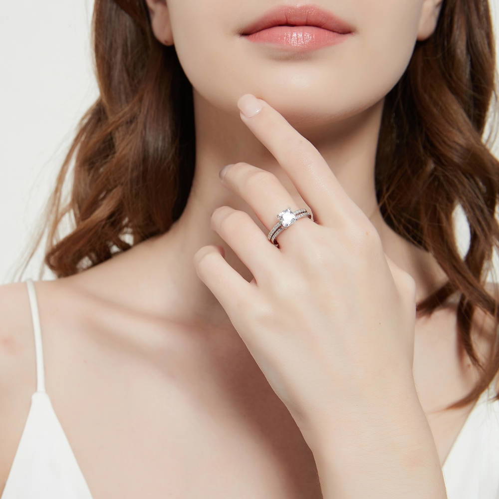 Model wearing Solitaire 2ct Cushion CZ Ring Set in Sterling Silver