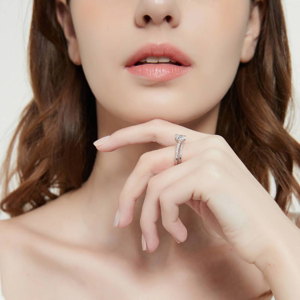 Model wearing Solitaire 2ct Cushion CZ Ring Set in Sterling Silver