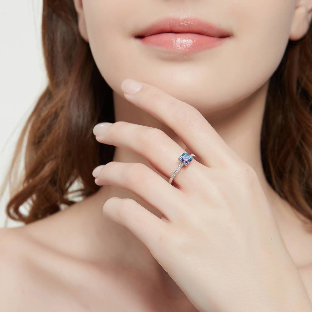 Model wearing Solitaire Purple Aqua Cushion CZ Ring in Sterling Silver 1.25ct