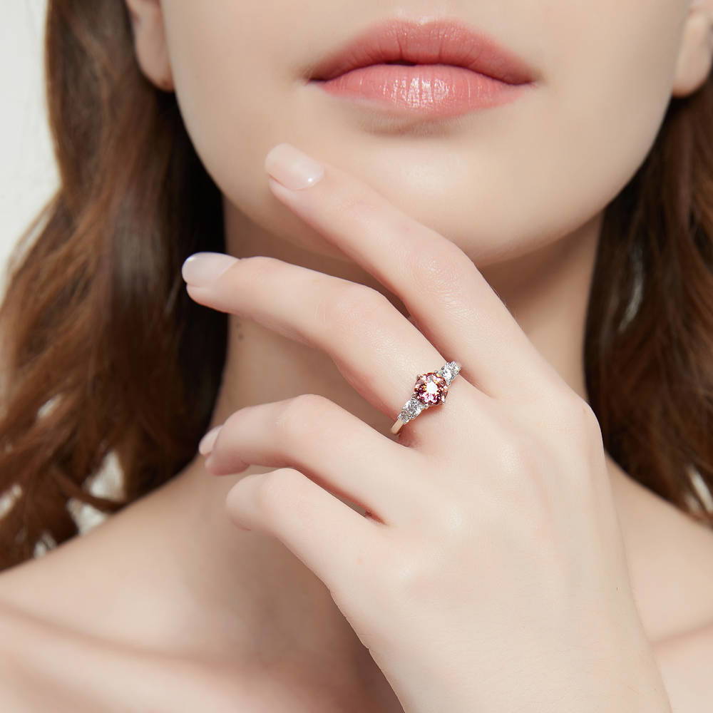 Model wearing Solitaire Red Orange Round CZ Ring in Sterling Silver 1.25ct
