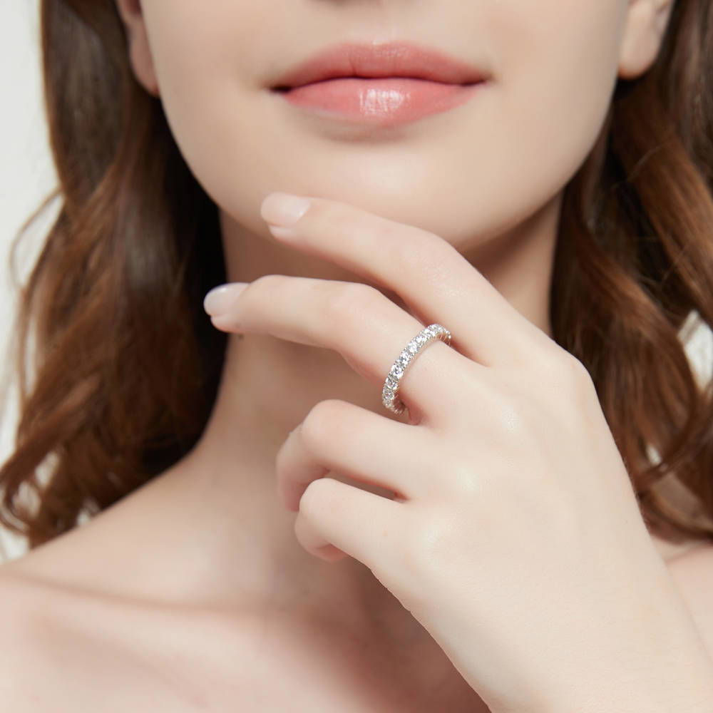 Model wearing CZ Eternity Ring in Sterling Silver