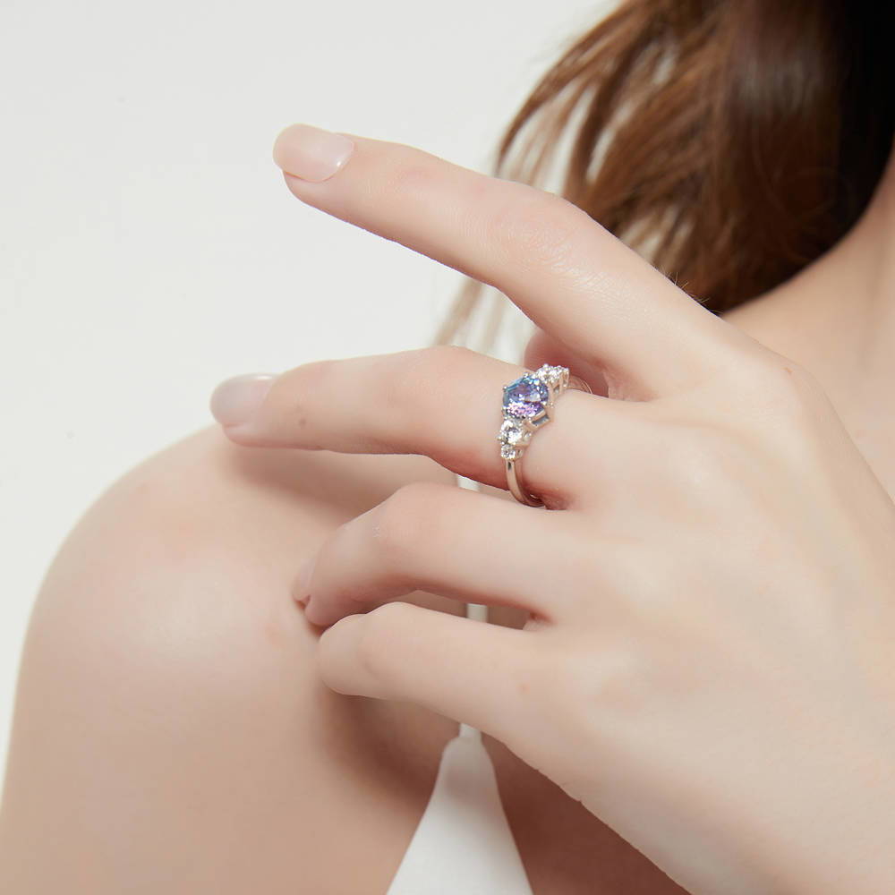 Model wearing Solitaire Purple Aqua Round CZ Ring in Sterling Silver 1.25ct