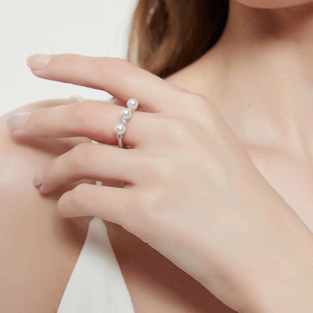 Model wearing Ball Bead Imitation Pearl Ring in Sterling Silver