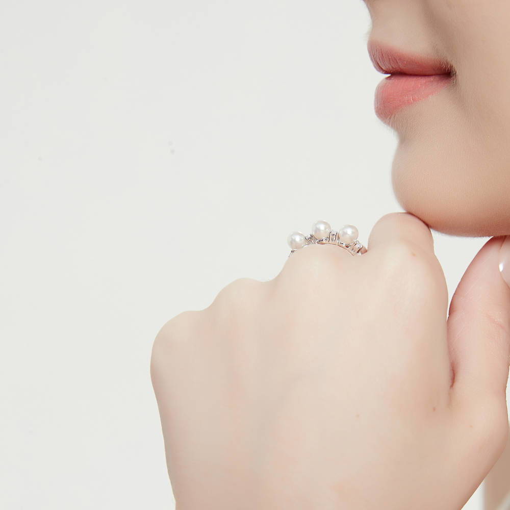 Model wearing Ball Bead Imitation Pearl Ring in Sterling Silver