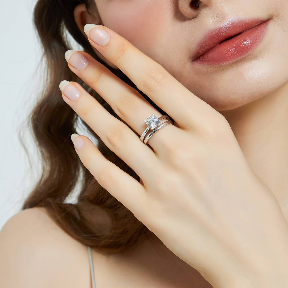 Solitaire 2ct Cushion CZ Ring Set in Sterling Silver