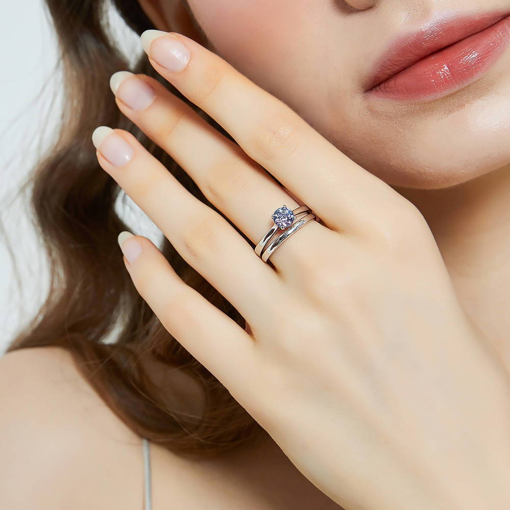 Model wearing Kaleidoscope Solitaire Purple Aqua CZ Ring Set in Sterling Silver