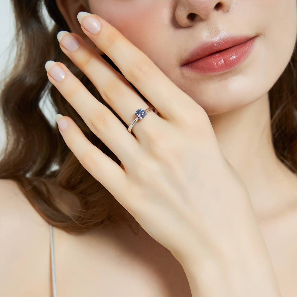Model wearing Solitaire Purple Aqua Round CZ Ring in Sterling Silver 0.8ct