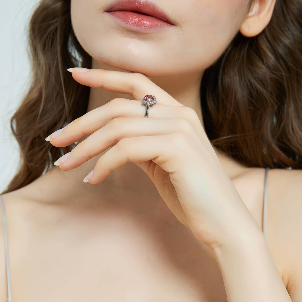 Model wearing Halo Sunburst Red Orange Round CZ Ring in Sterling Silver