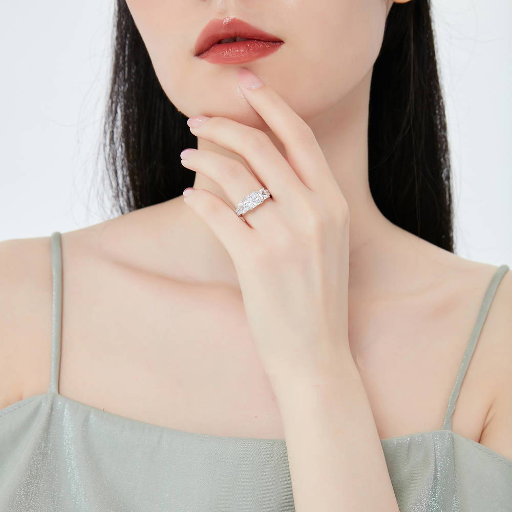 3-Stone Princess CZ Ring Set in Sterling Silver