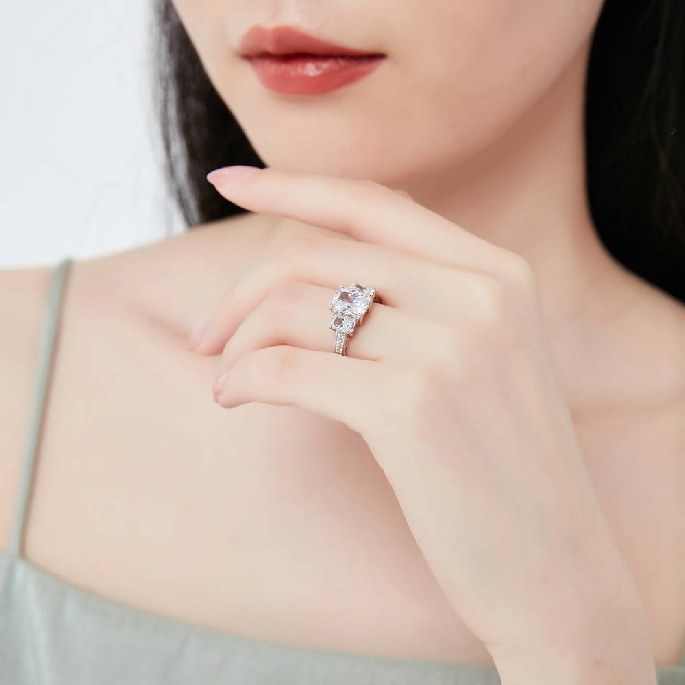 Model wearing 3-Stone Cushion CZ Ring in Sterling Silver, 6 of 10