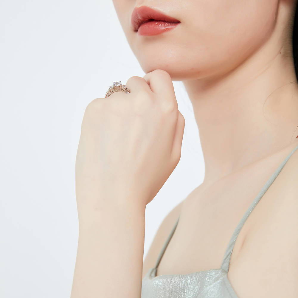 Model wearing 3-Stone Round CZ Ring Set in Sterling Silver, 10 of 13