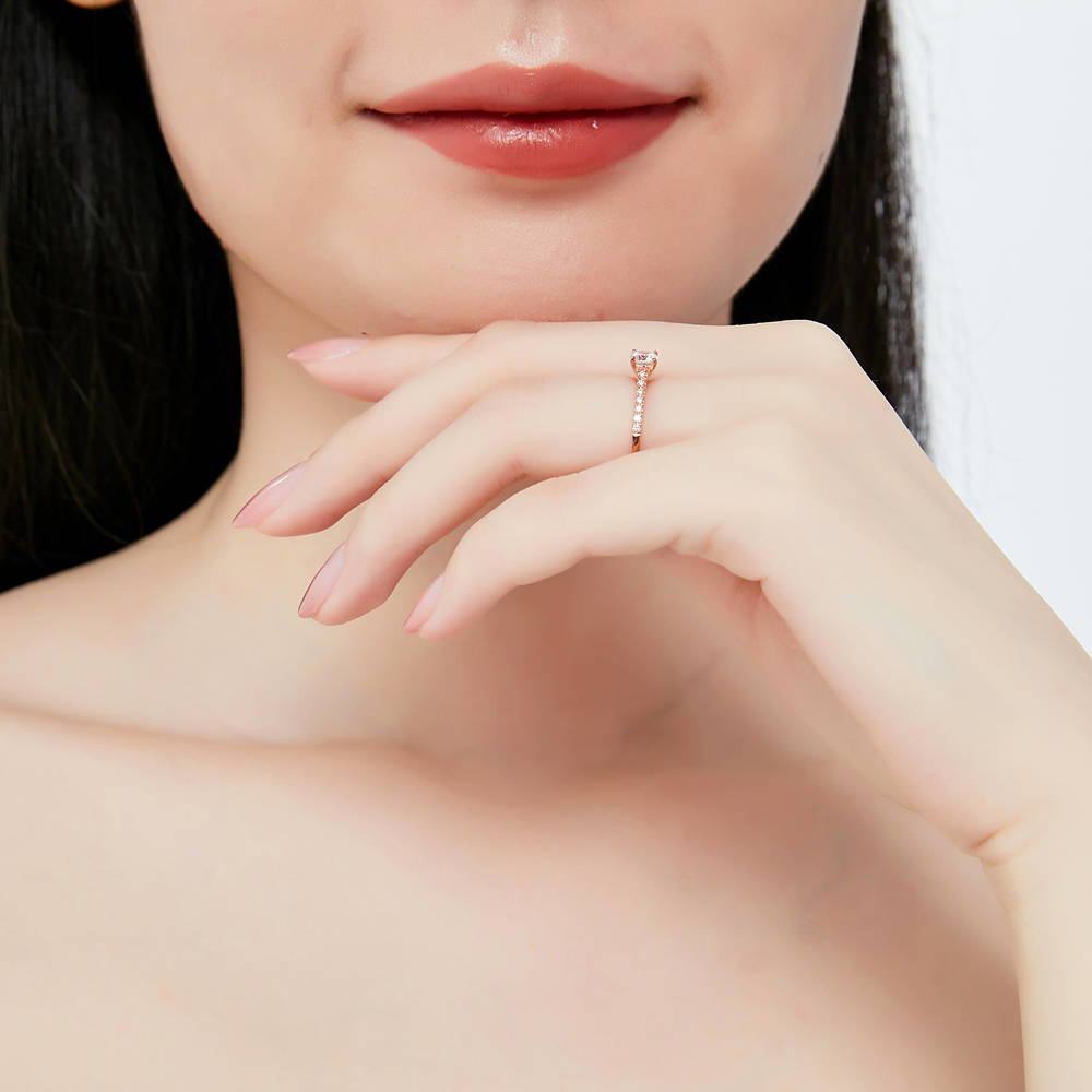 Model wearing Solitaire 0.35ct Round CZ Ring in Rose Gold Plated Sterling Silver