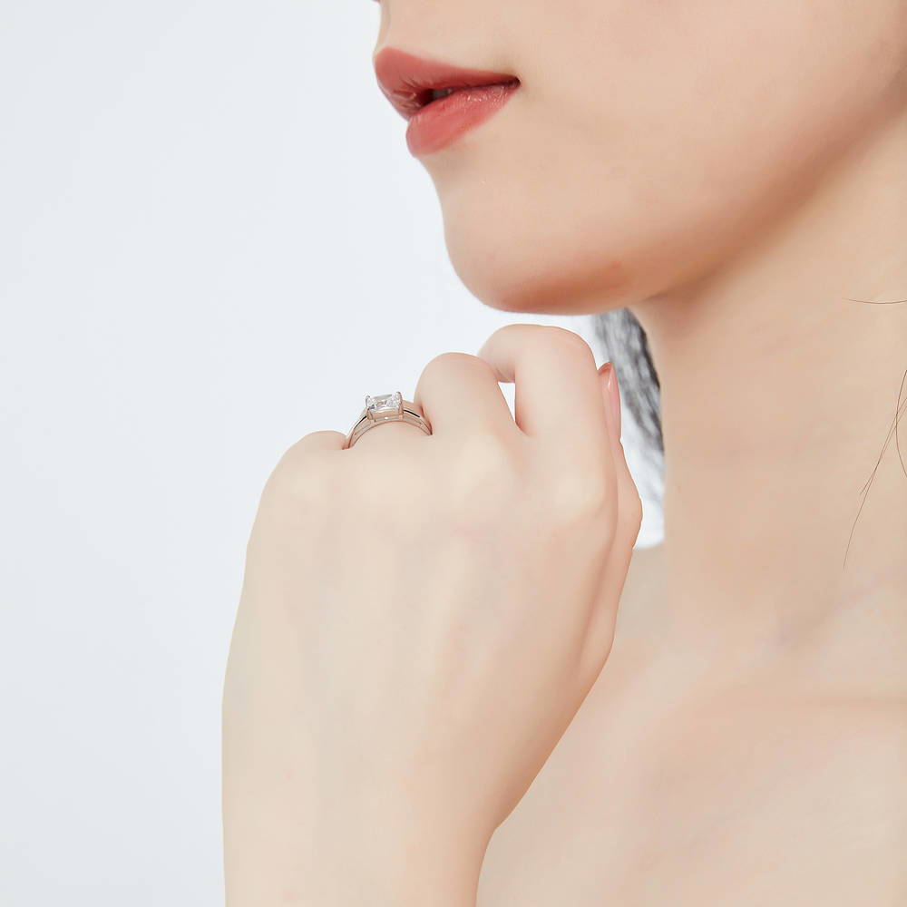 Model wearing Solitaire 1.6ct Princess CZ Ring in Sterling Silver, 7 of 10
