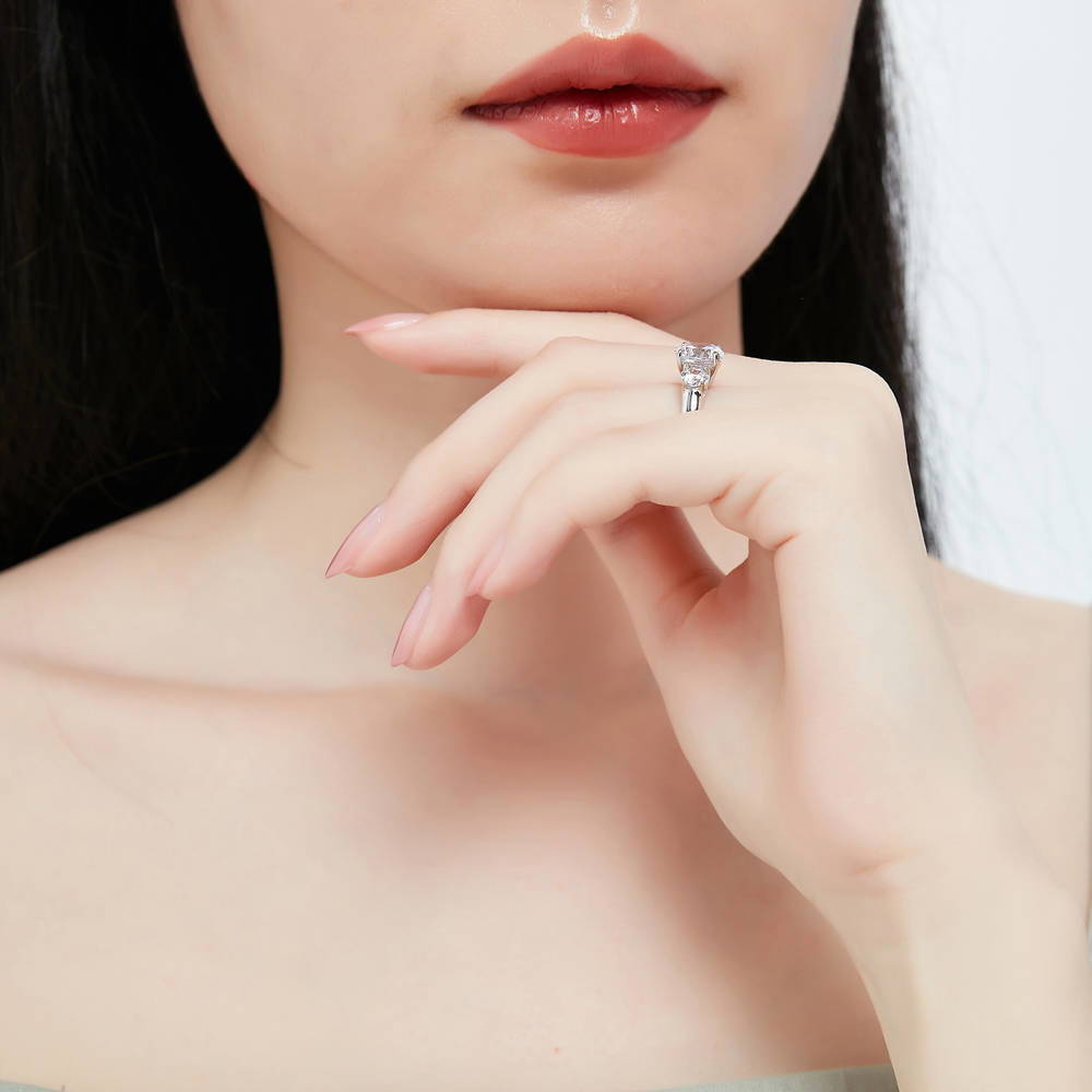 Model wearing 3-Stone Round CZ Ring Set in Sterling Silver, 10 of 12