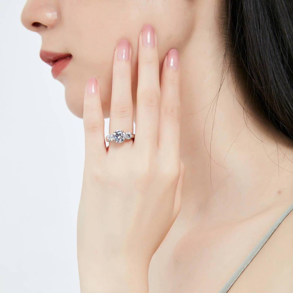 Model wearing 3-Stone Round CZ Ring Set in Sterling Silver, 6 of 12