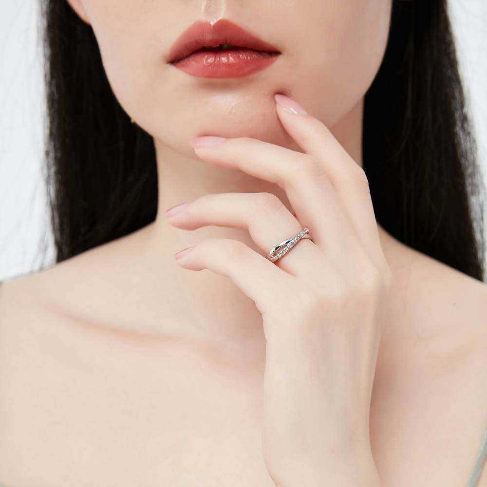 Model wearing Criss Cross Infinity CZ Ring Set in Sterling Silver