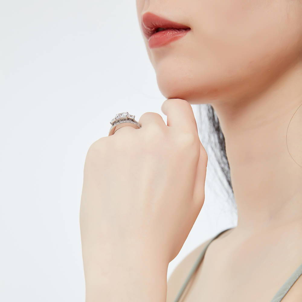 Model wearing 3-Stone Princess CZ Ring Set in Sterling Silver