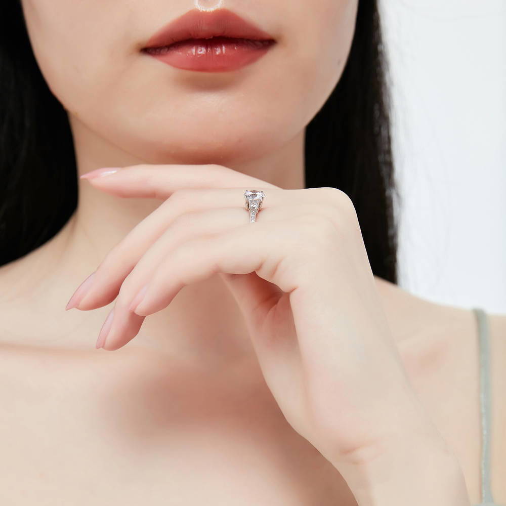 Model wearing 3-Stone Crown Round CZ Ring Set in Sterling Silver, 10 of 11