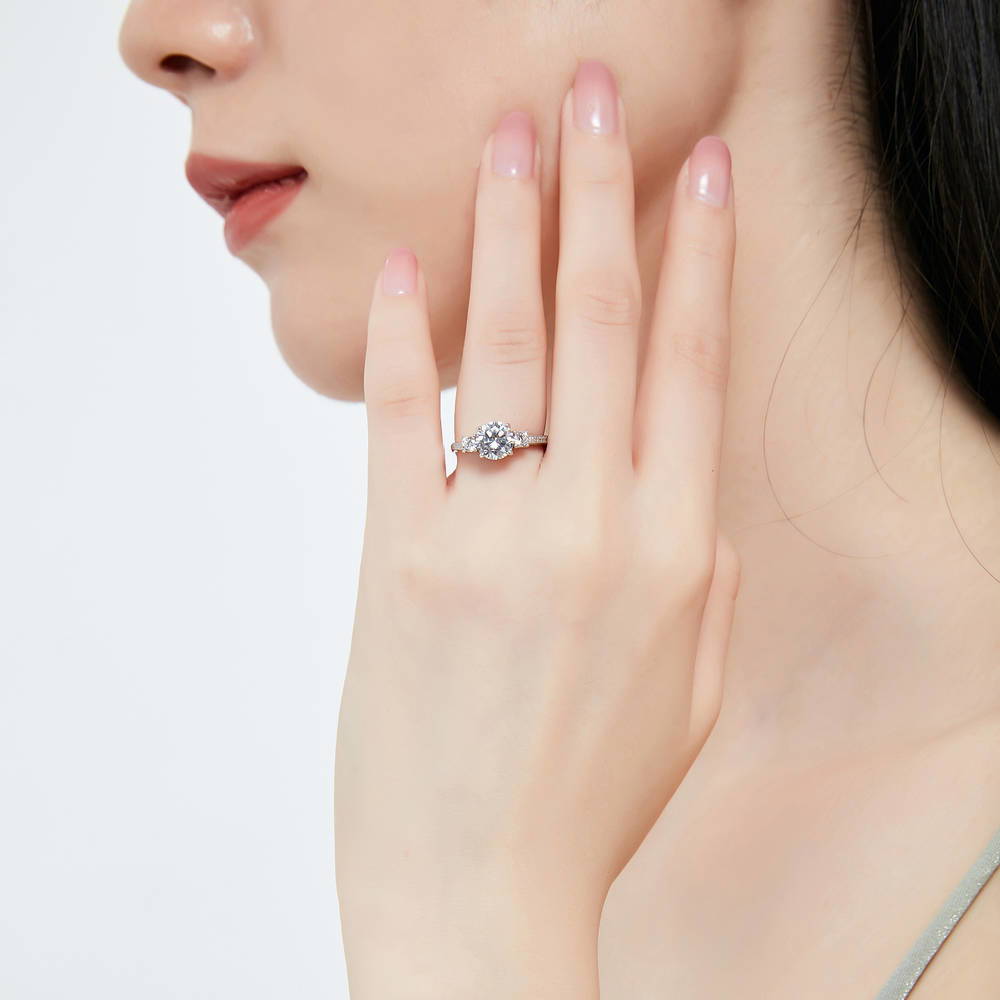 Model wearing 3-Stone Crown Round CZ Ring Set in Sterling Silver, 5 of 11