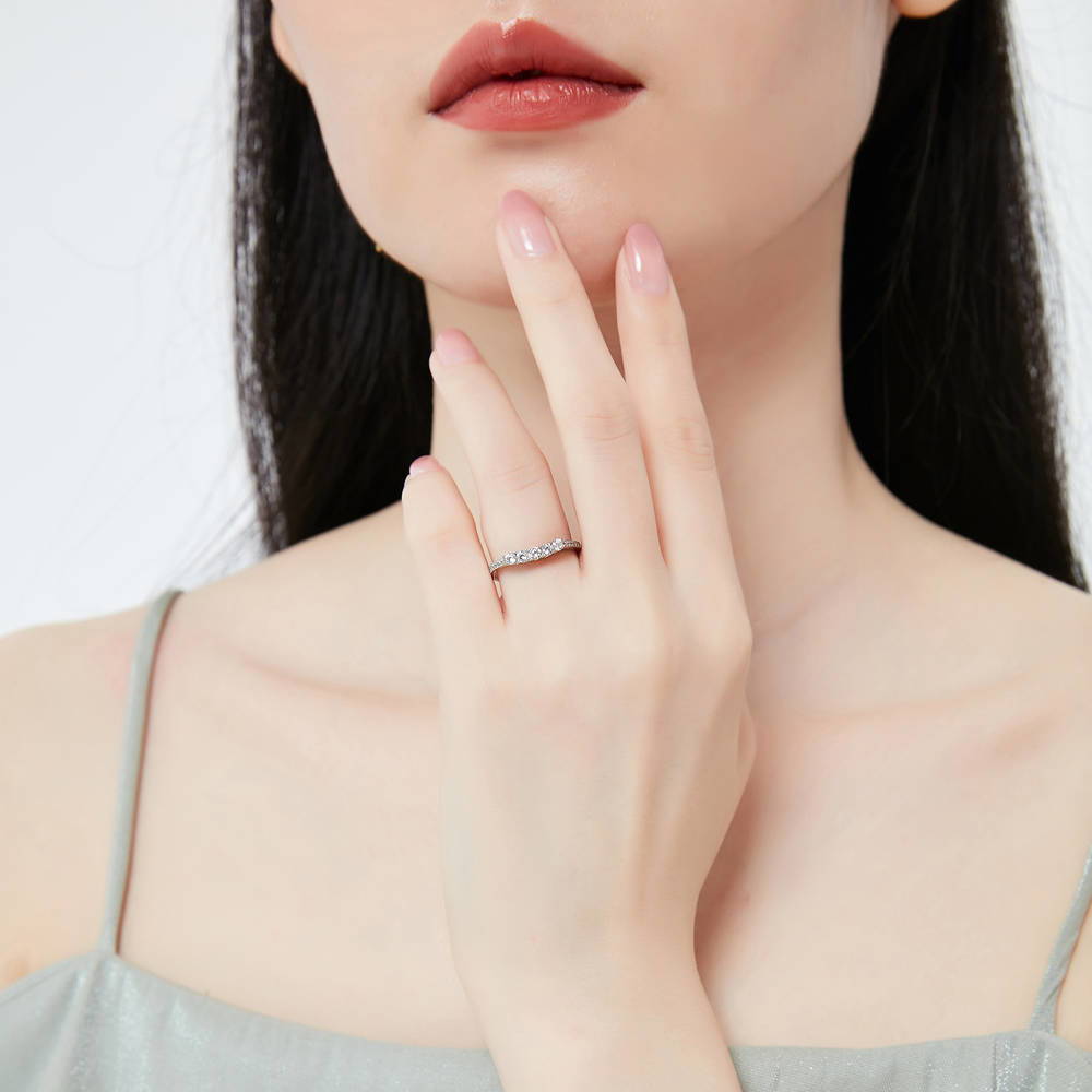 Model wearing 5-Stone CZ Curved Half Eternity Ring in Sterling Silver, 2 of 9