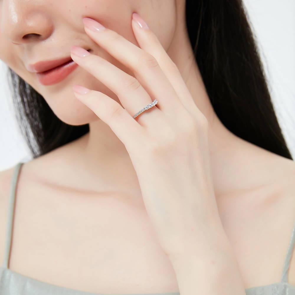 Model wearing 5-Stone CZ Curved Half Eternity Ring in Sterling Silver