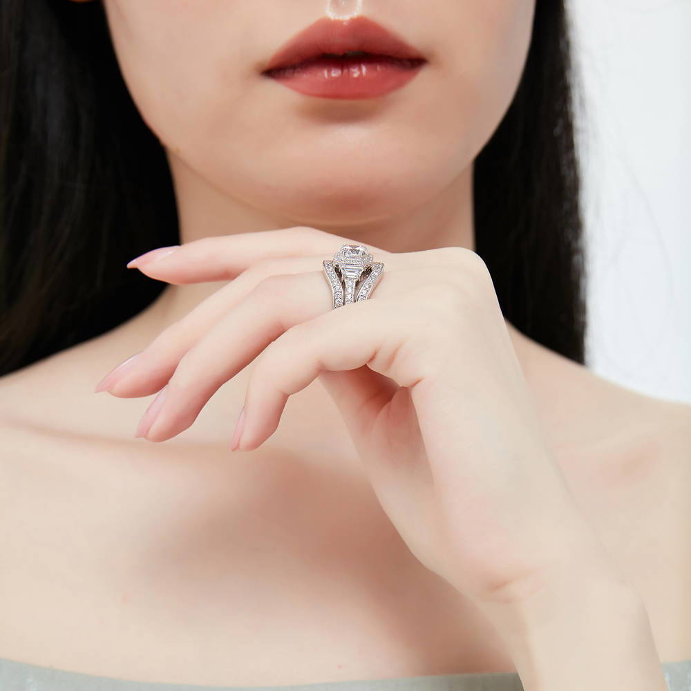 Model wearing Halo Art Deco Round CZ Ring Set in Sterling Silver