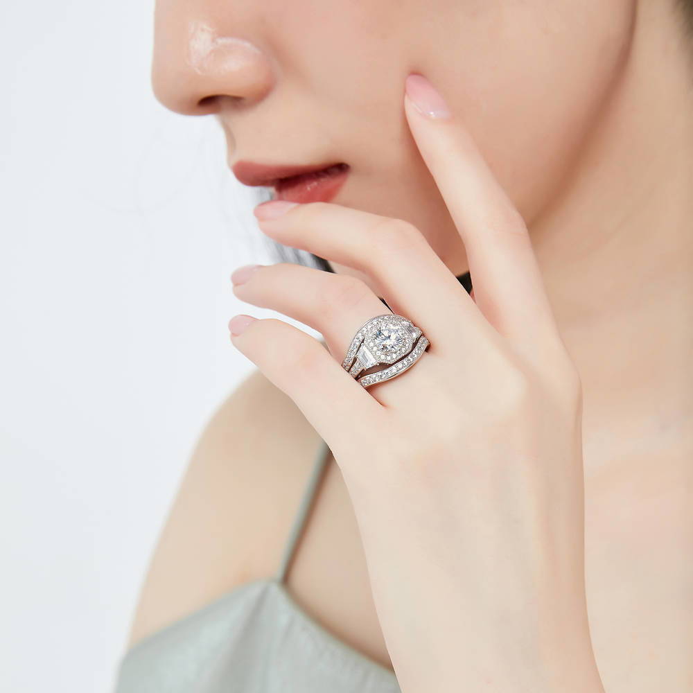 Model wearing Halo Art Deco Round CZ Ring Set in Sterling Silver