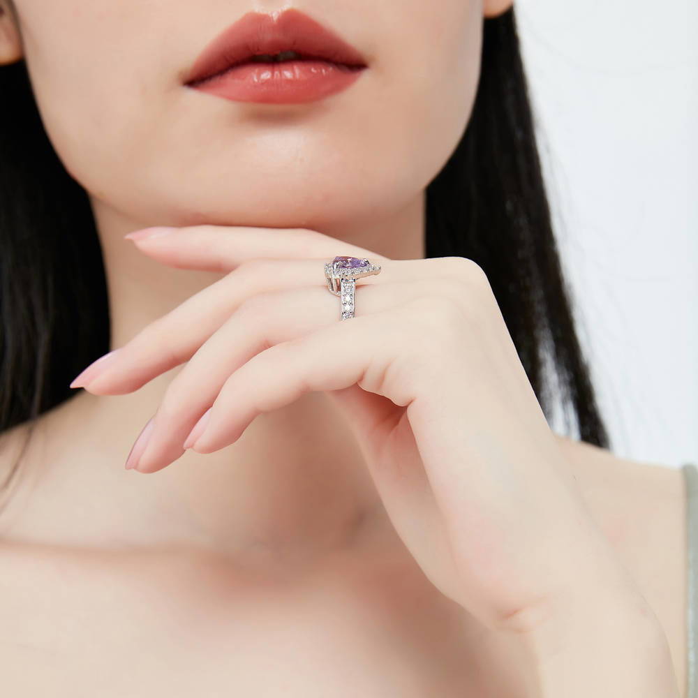 Model wearing Halo Heart Purple CZ Statement Ring Set in Sterling Silver