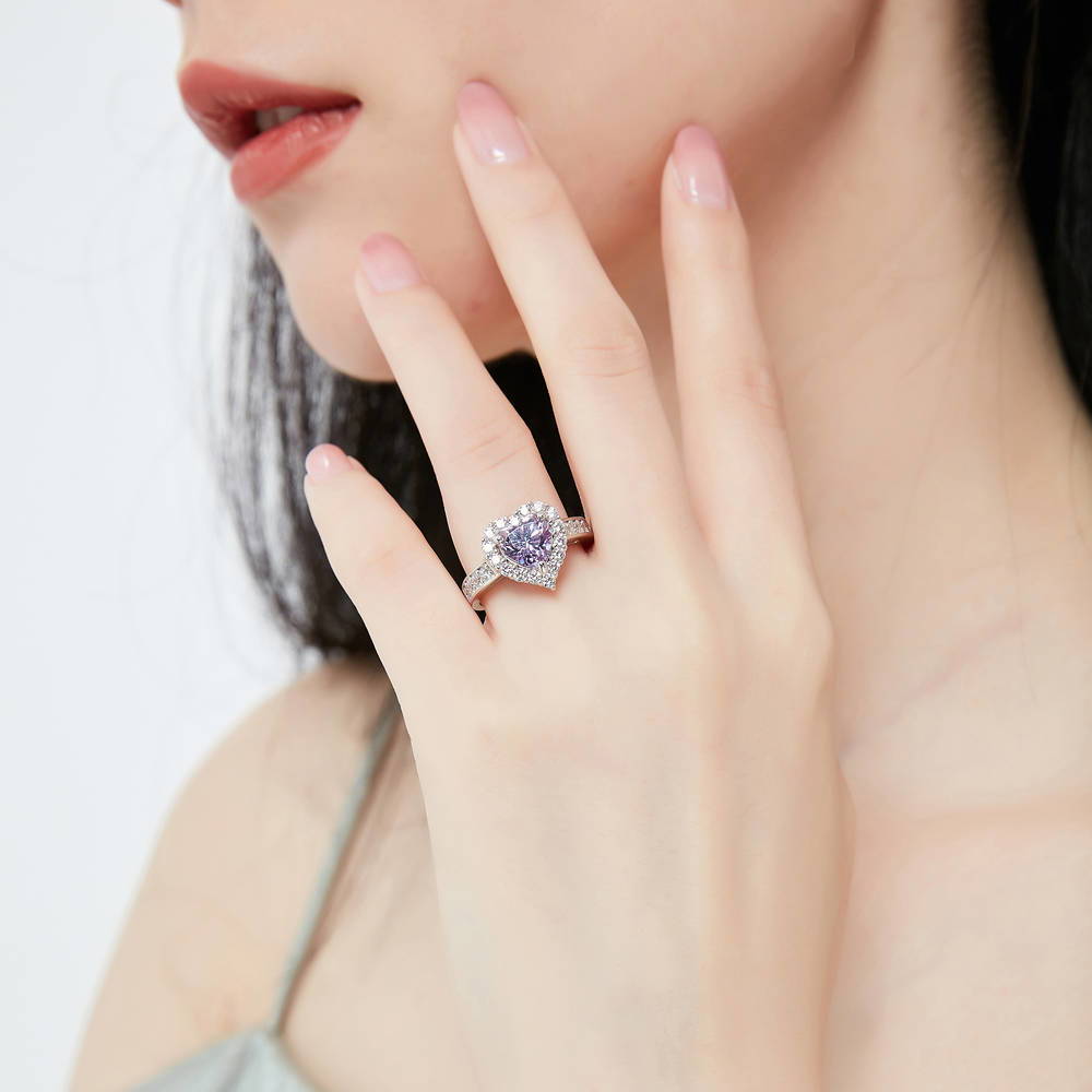 Model wearing Halo Heart Purple CZ Statement Ring Set in Sterling Silver