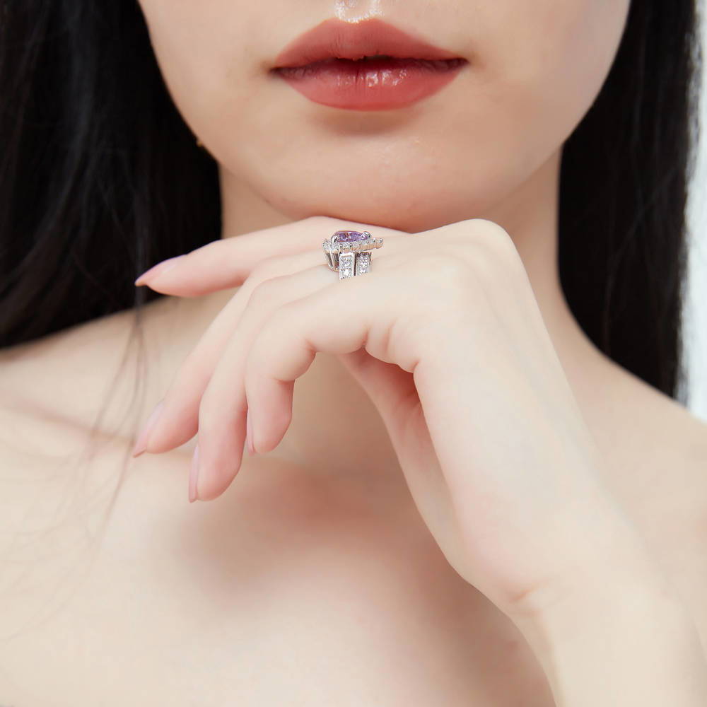 Model wearing Halo Heart Purple CZ Statement Ring Set in Sterling Silver