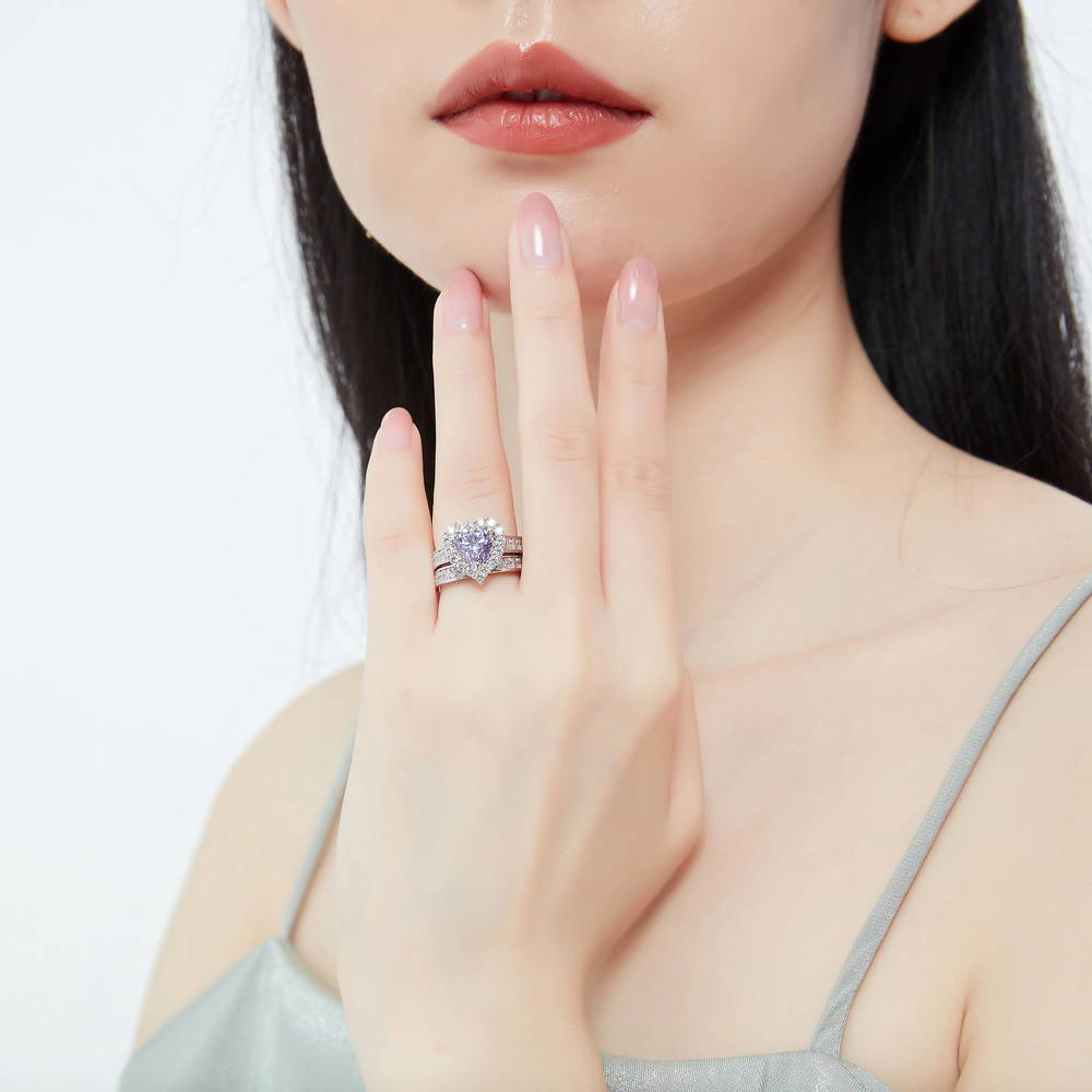 Model wearing Halo Heart Purple CZ Statement Ring Set in Sterling Silver