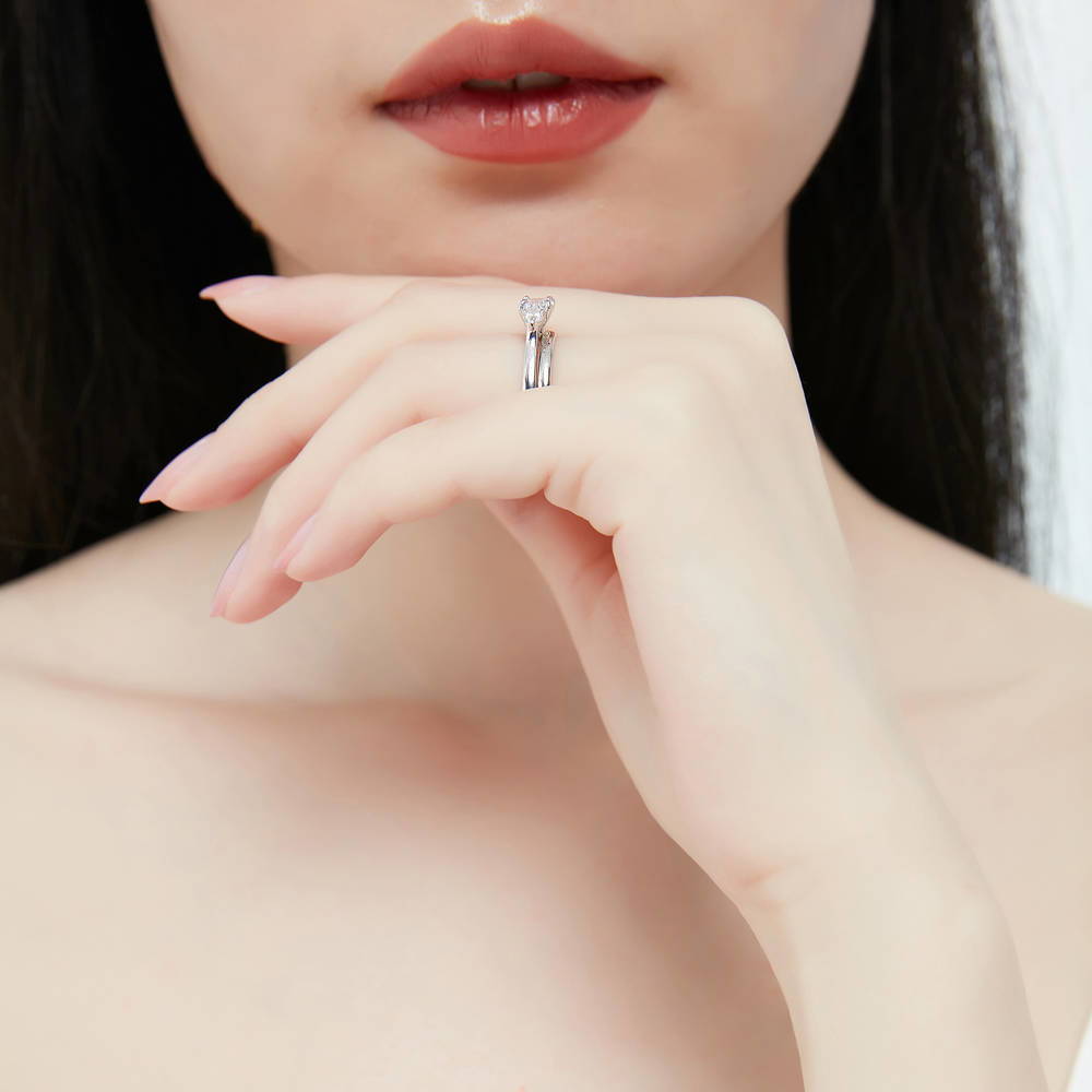 Model wearing 3-Stone East-West Oval CZ Ring Set in Sterling Silver, 6 of 12
