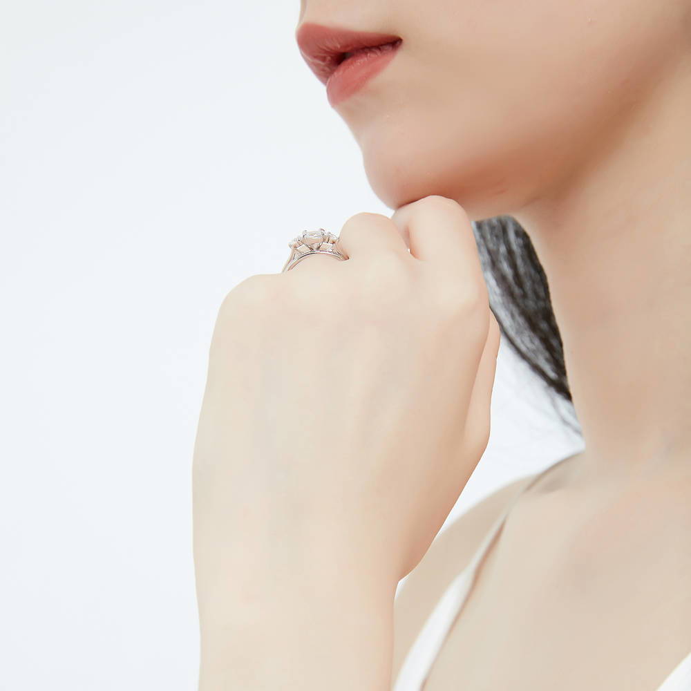 Model wearing 3-Stone East-West Oval CZ Ring Set in Sterling Silver, 5 of 12