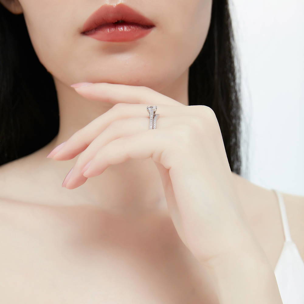 Model wearing Solitaire 1ct Round CZ Ring Set in Sterling Silver