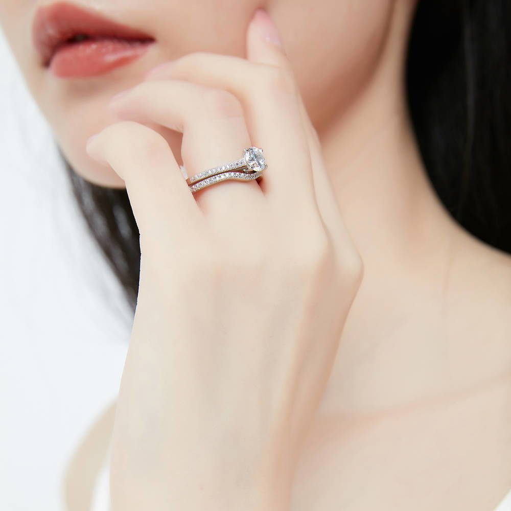 Model wearing Solitaire 1ct Round CZ Ring Set in Sterling Silver