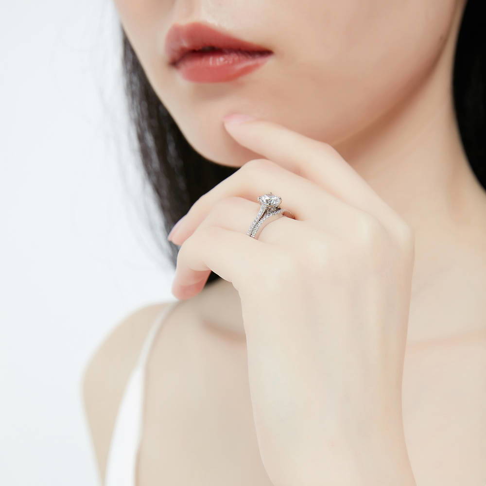 Model wearing Solitaire 1ct Round CZ Ring Set in Sterling Silver