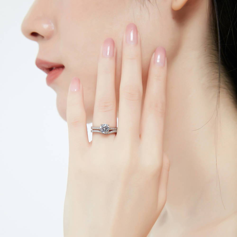 Model wearing Solitaire 1ct Round CZ Ring Set in Sterling Silver