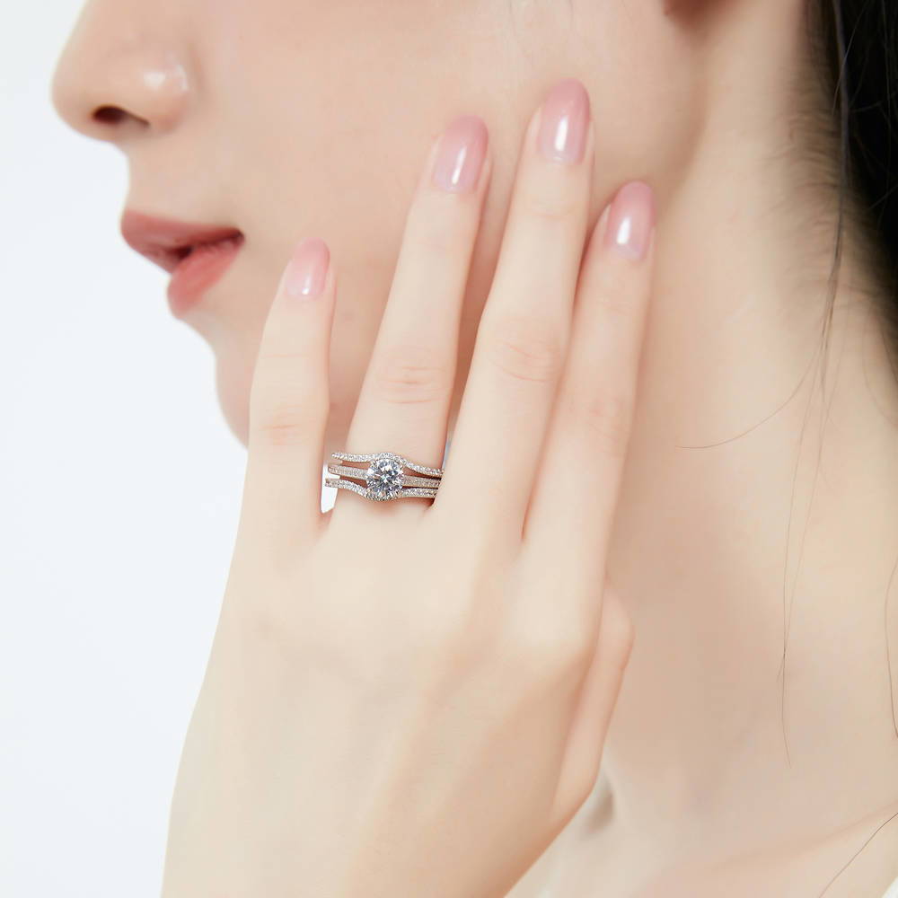 Model wearing Solitaire 1ct Round CZ Ring Set in Sterling Silver