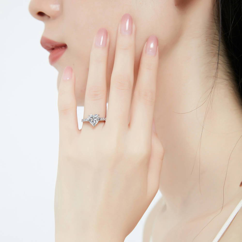 Model wearing Solitaire Heart 1.7ct CZ Ring in Sterling Silver