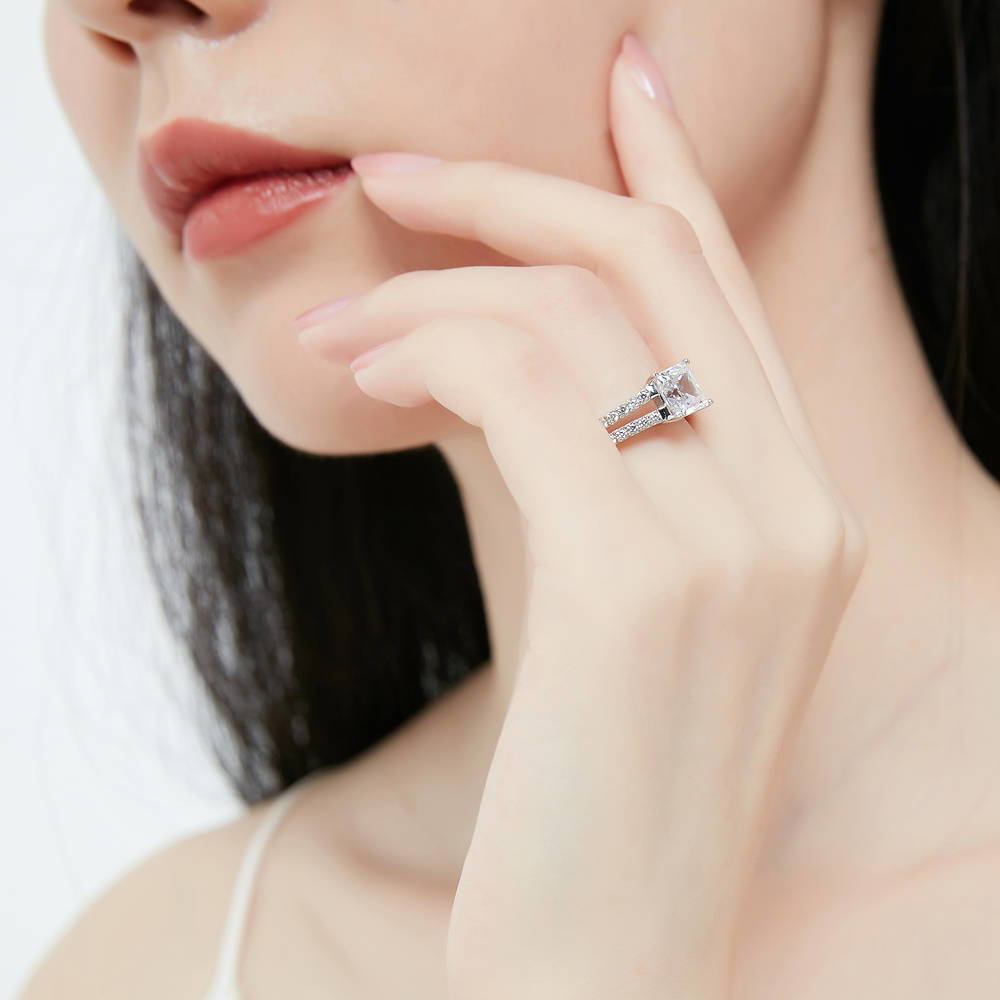 Model wearing Solitaire 2ct Princess CZ Split Shank Ring in Sterling Silver