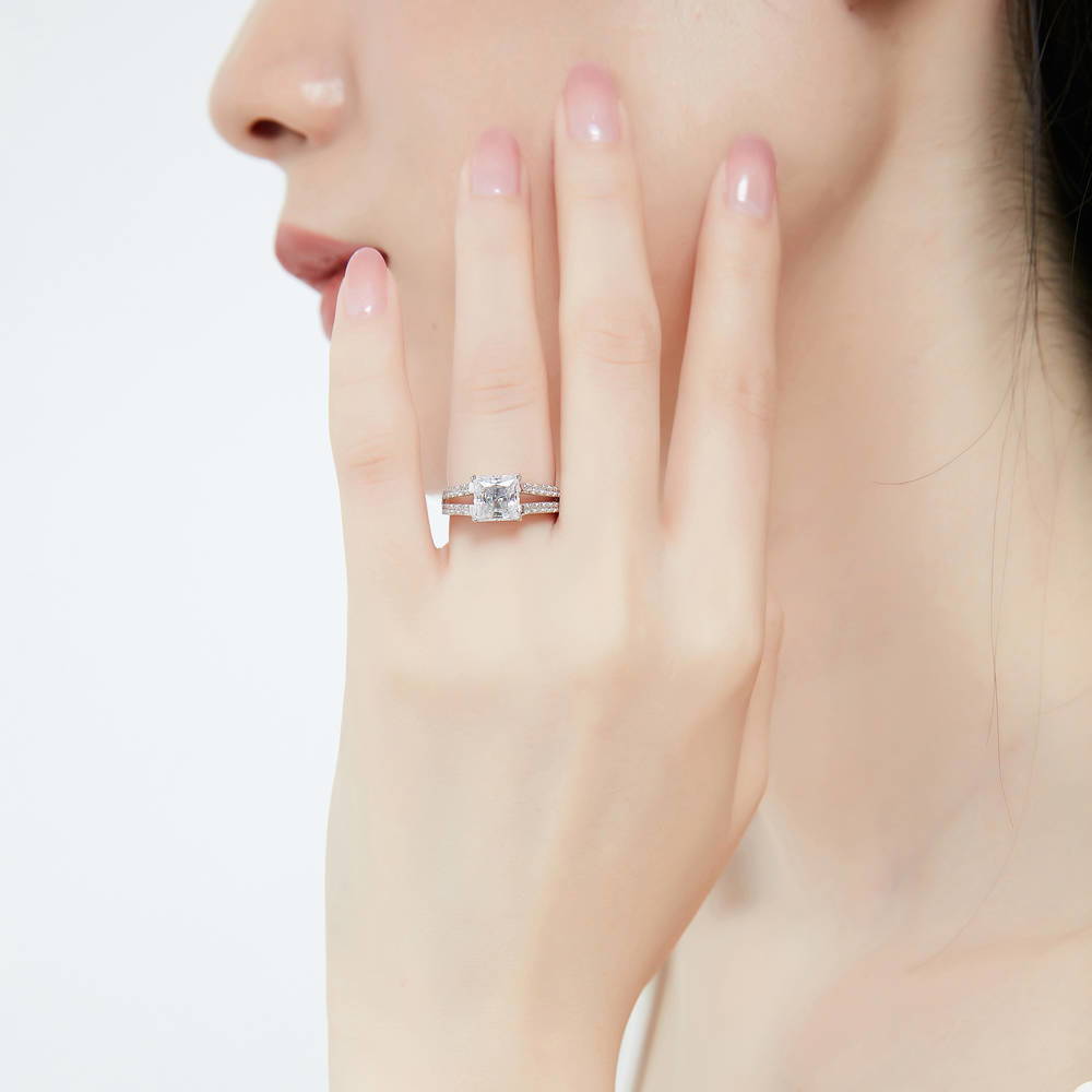 Model wearing Solitaire 2ct Princess CZ Split Shank Ring Set in Sterling Silver